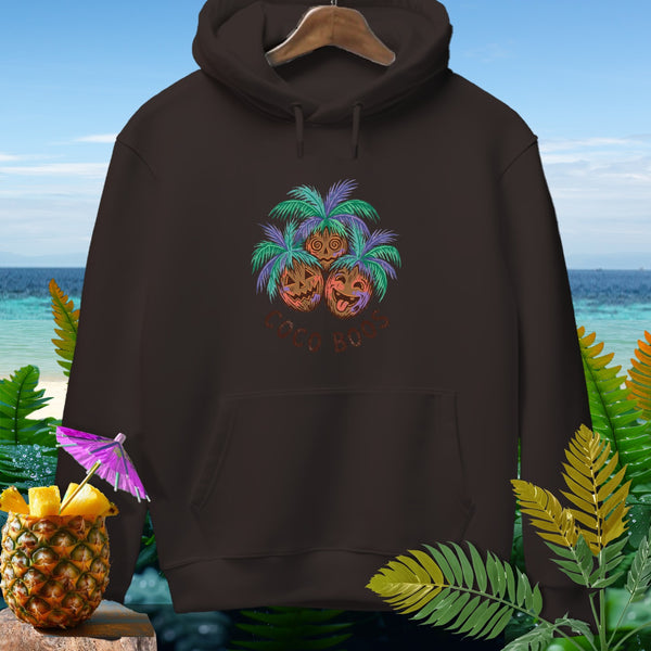 Brown hoodie with a graphic of three smiling coconuts and the text "COCO BOOS".