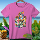 T-shirt with cartoon penguins on a tropical vacation, wearing sunglasses and holding drinks.