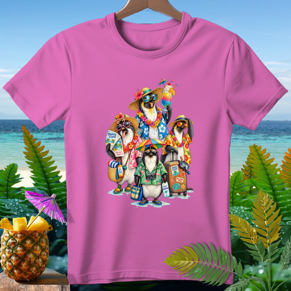 T-shirt with cartoon penguins on a tropical vacation, wearing sunglasses and holding drinks.