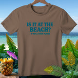 Brown t-shirt with blue text 
