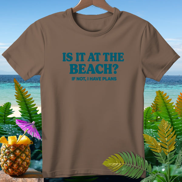Brown t-shirt with blue text "IS IT AT THE BEACH? IF NOT, I HAVE PLANS".