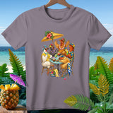 Chickens wearing Hawaiian attire sit at a table under an umbrella with tropical drinks.