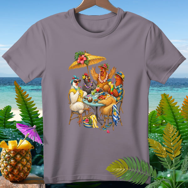 Chickens wearing Hawaiian attire sit at a table under an umbrella with tropical drinks.
