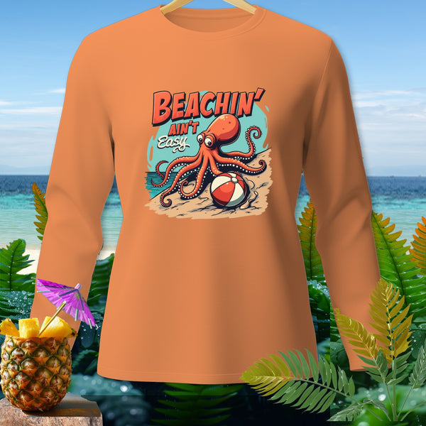 Orange long-sleeve shirt with cartoon octopus and text "BEACHIN' AIN'T Easy".