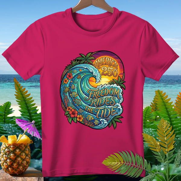 Magenta t-shirt with "America 250 Freedom Rides the Tide" text and ocean wave design.