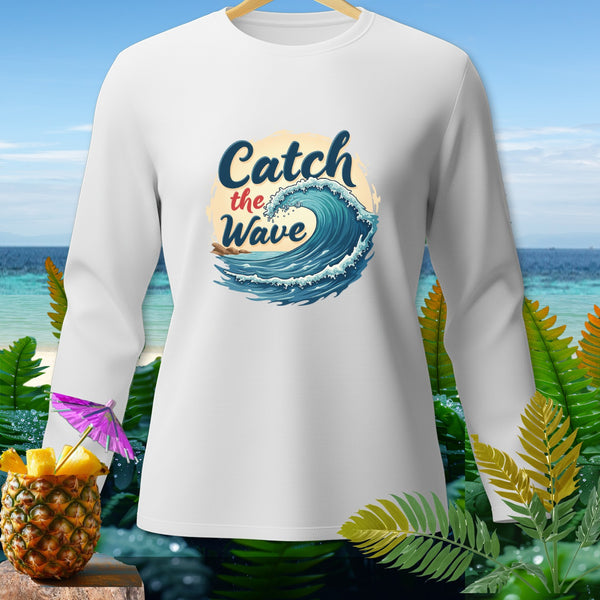 White long-sleeve shirt with "Catch the Wave" graphic and tropical background.