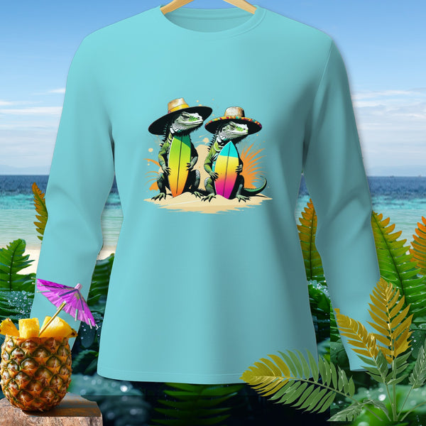 Two cartoon iguanas with hats and surfboards on a beach.