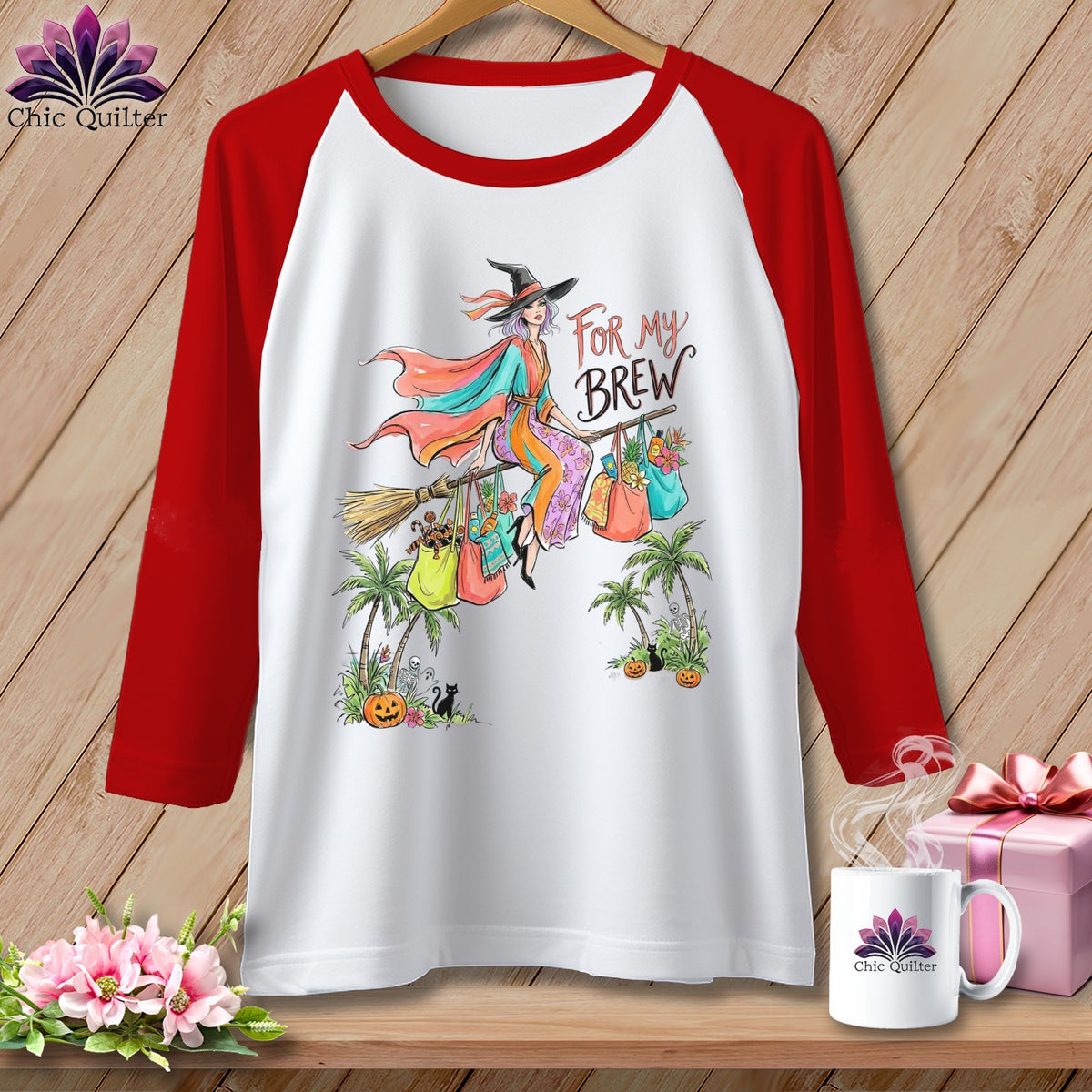Raglan tee with witch flying on broom, text "For My Brew" and Halloween scene.