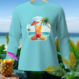 Teal long-sleeve shirt with a tropical drink, beach scene, and text 
