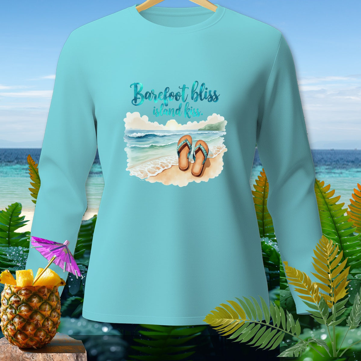 Light blue long sleeve shirt with "Barefoot bliss island kiss" text and beach graphic.