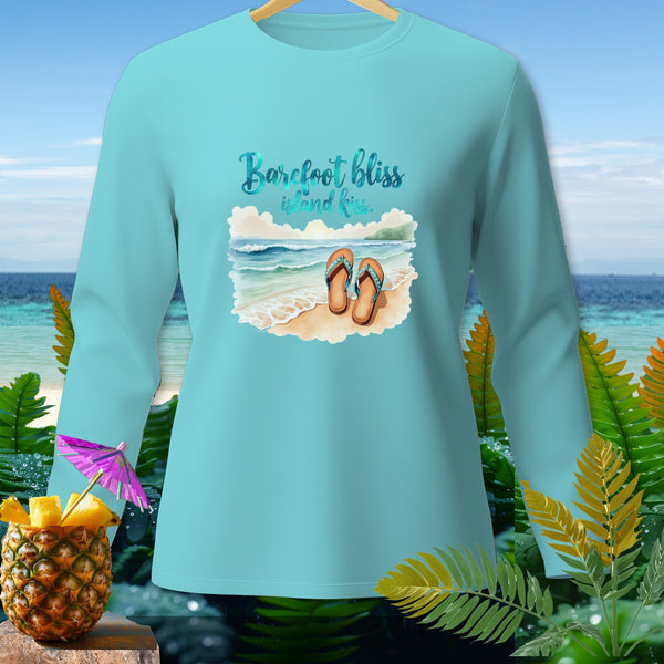 Light blue long sleeve shirt with "Barefoot bliss island kiss" text and beach graphic.