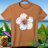 Orange t-shirt with hibiscus design featuring ghosts and a jack-o'-lantern.