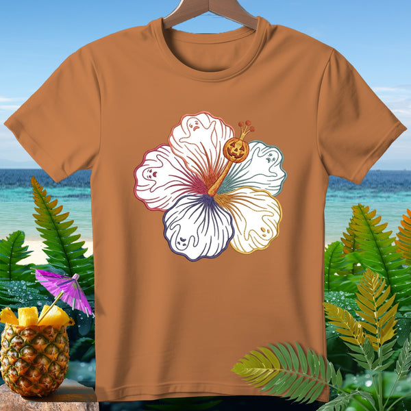 Orange t-shirt with hibiscus design featuring ghosts and a jack-o'-lantern.