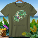 Olive t-shirt with watercolor gecko on palm frond and text 