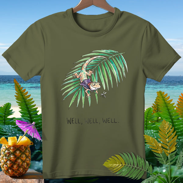 Olive t-shirt with watercolor gecko on palm frond and text "WELL, WELL, WELL."