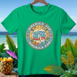 Green t-shirt with circular graphic: 