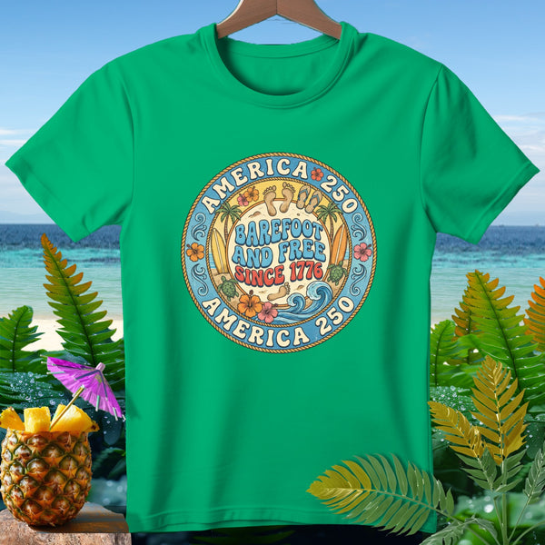 Green t-shirt with circular graphic: "America 250 Barefoot and Free Since 1776".