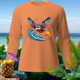 Orange long-sleeve shirt with colorful owl graphic soaring over a wave.