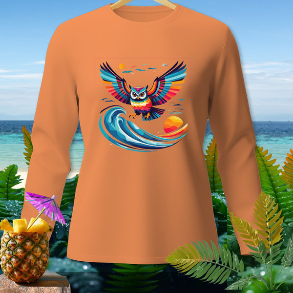 Orange long-sleeve shirt with colorful owl graphic soaring over a wave.