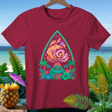 Maroon t-shirt with a colorful volcano graphic featuring ghosts, bats, and tropical foliage.
