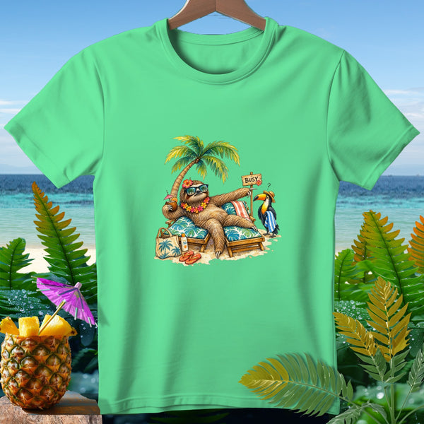 Sloth on beach chair with toucan, palm tree, and "Busy" sign.