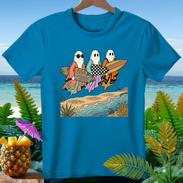 Three ghosts with surfboards on a beach. One reads "Boo Crew".