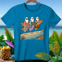 Three ghosts with surfboards on a beach. One reads "Boo Crew".