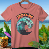 Coral t-shirt with surfing surfer and ghosts in a wave, text 