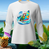 White long-sleeve shirt with a colorful parrot windsurfing graphic.