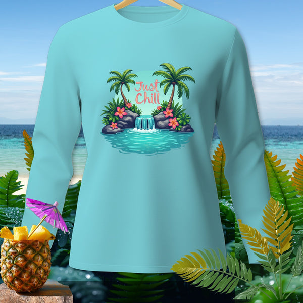 Light blue long sleeve shirt with "Just Chill" text over a tropical waterfall scene.