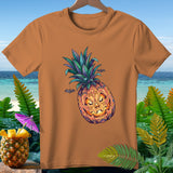Orange t-shirt with a jack-o'-lantern pineapple graphic and hanging bats.