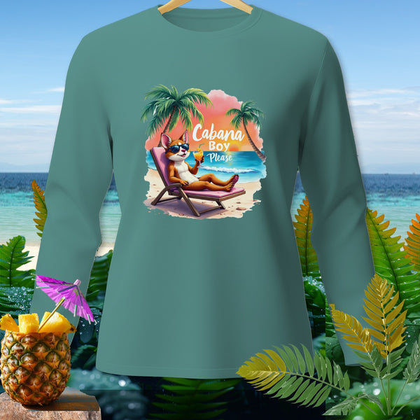 Teal long-sleeve shirt with a cartoon fox on a beach chair and text "Cabana Boy Please".