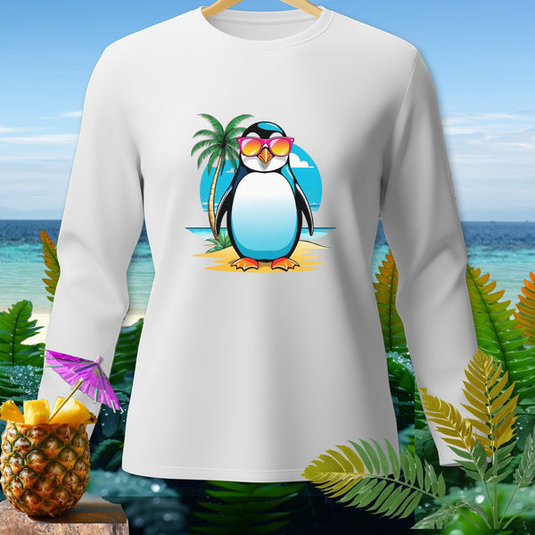 White long-sleeve shirt with cartoon penguin in sunglasses on beach.