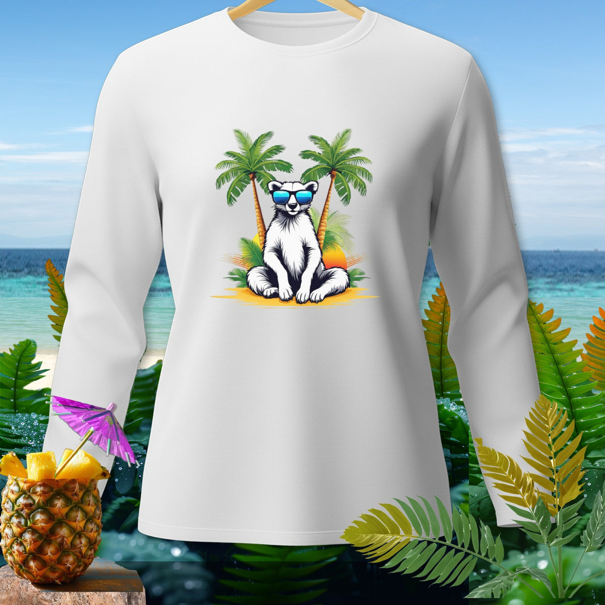 White long-sleeve shirt with a white wolf wearing sunglasses on a beach.