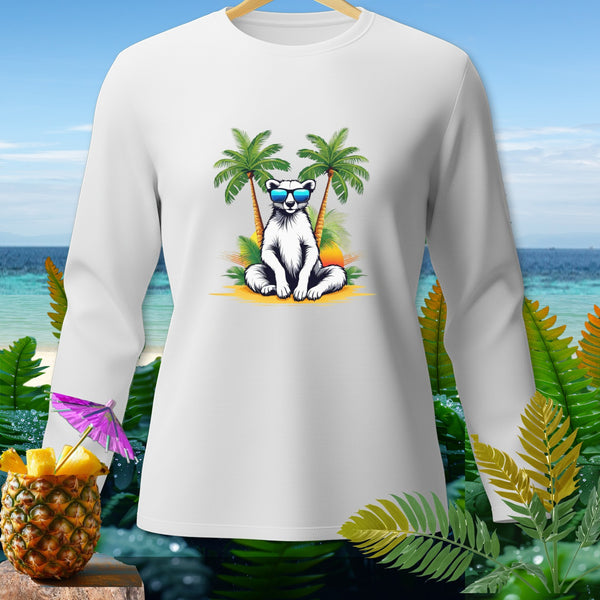 White long-sleeve shirt with a white wolf wearing sunglasses on a beach.