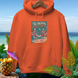 Orange hoodie with graphic of skeletons dancing on a beach with text 