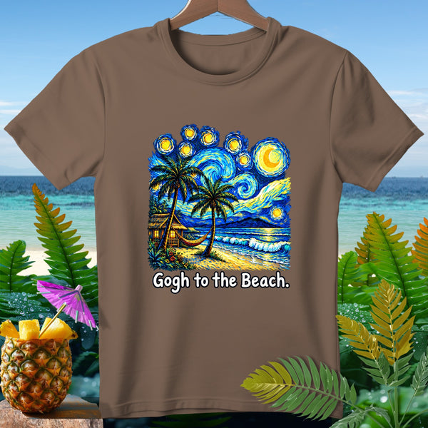 Brown t-shirt with "Gogh to the Beach" text and a starry night beach scene.