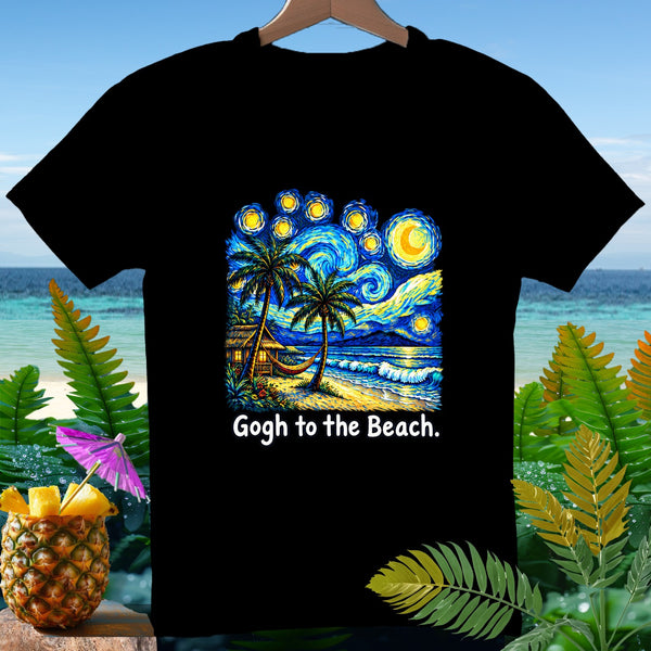 Black t-shirt with "Gogh to the Beach" text and a Van Gogh-inspired beach scene.