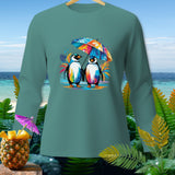 Teal long-sleeve shirt with two penguins holding a colorful umbrella.