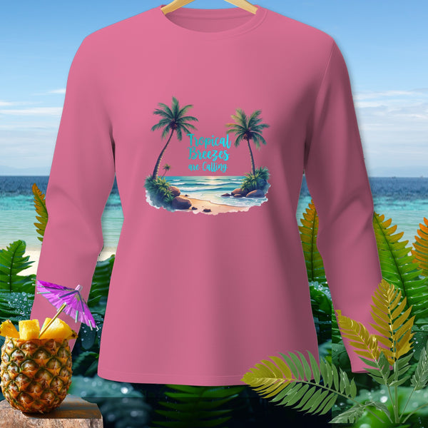 Pink long-sleeve shirt with "Tropical Breezes are Calling" beach graphic.
