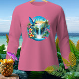 Pink long-sleeve shirt with a tropical waterfall and hummingbird graphic.