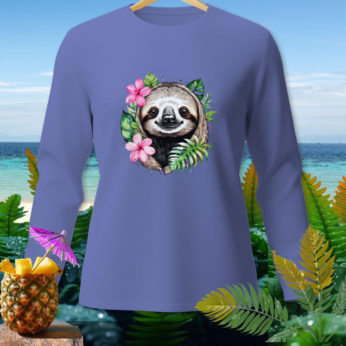 Purple long-sleeve shirt with sloth and tropical flowers graphic.