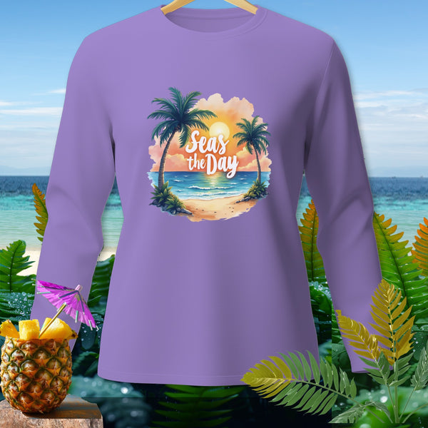 Lavender long sleeve shirt with "Seas the Day" tropical beach graphic.