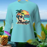 Light blue long-sleeve shirt with pug on beach chair, 