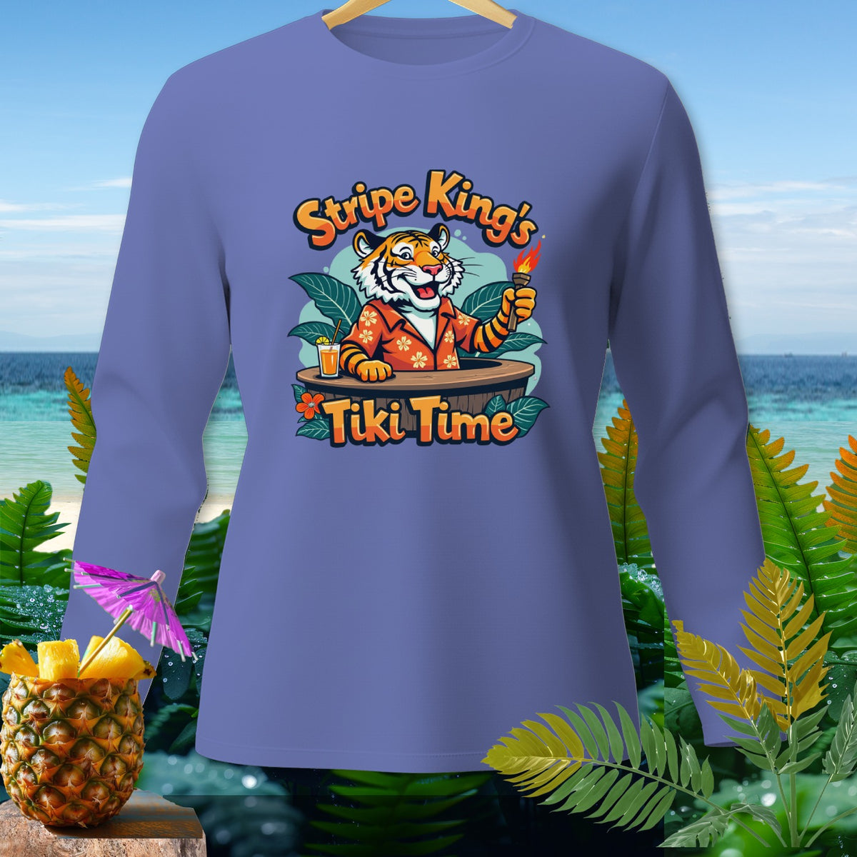 Long-sleeve shirt with a tiger holding a torch and "Stripe King's Tiki Time" text.