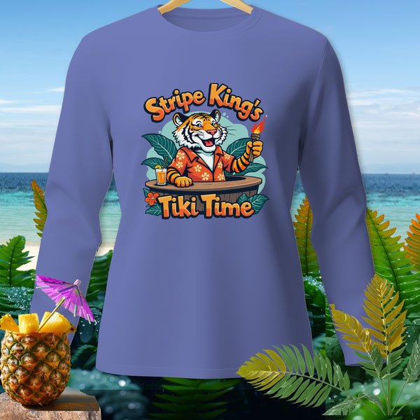 Long-sleeve shirt with a tiger holding a torch and "Stripe King's Tiki Time" text.