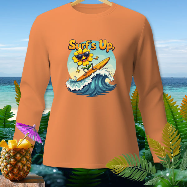 Orange long-sleeve shirt with cartoon sunflower surfing and text "Surf's Up".