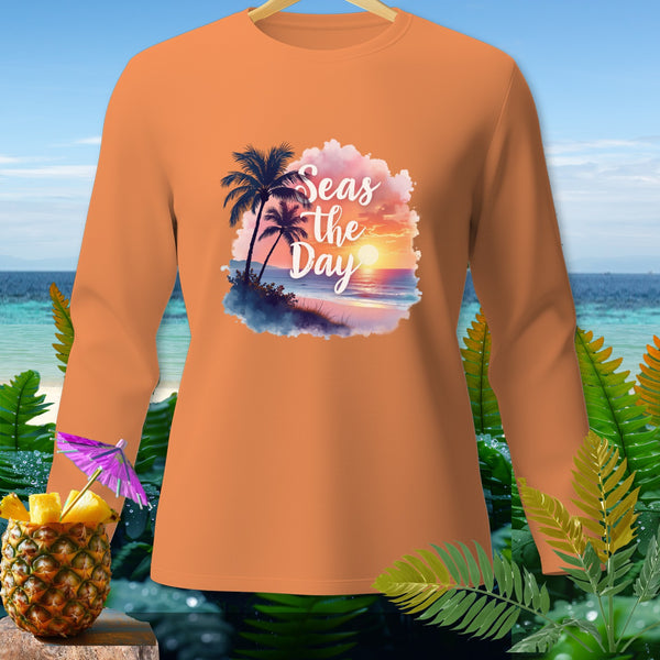 Orange long-sleeve shirt with "Seas The Day" sunset beach graphic.