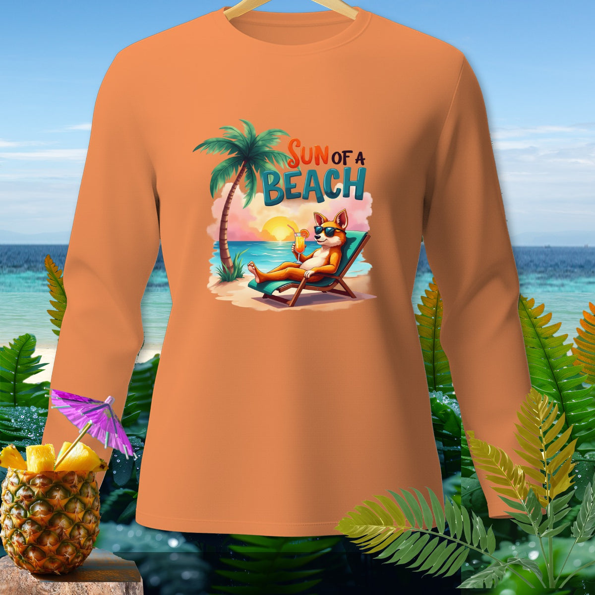 Orange long-sleeve shirt with a cartoon dog on a beach chair, "Sun of a Beach" text.