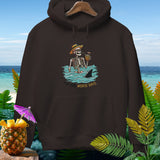 Brown hoodie with skeleton, shark fin, and text 